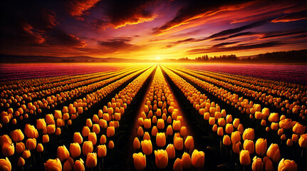 Obraz premium Endless Yellow Tulip Horizon at Sunset