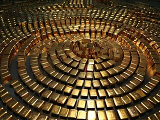 Stacked gold bars arranged in rows, shimmering gold bullion collection heap in organized stacks, precious metal gleaming goldbars showcasing wealth, lingots d'or, barrasdeoro, barrasdeouro, Goldbarren