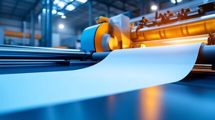 Close-up of an industrial printing press in action, showing a continuous stream of paper in a modern, well-lit factory setting.