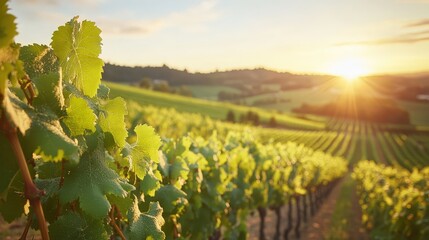 Serene Countryside Scene Featuring Picturesque Vineyards Under a Golden Sunset in the Heart of Nature