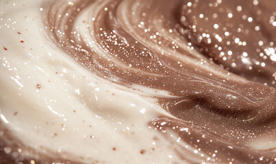 Stylized slime spread in a blend of mocha mousse colour, glossy and reflective, with embedded fine glitter for a sparkling effect, Demonstrating color of 2025