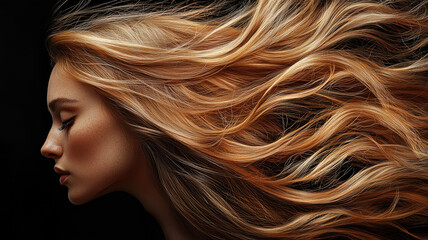 Fototapeta premium Profile of young caucasian woman with flowing blonde hair against dark background