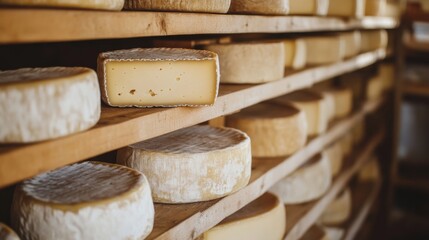 A Bountiful Collection of Aged Cheeses on Wooden Shelves