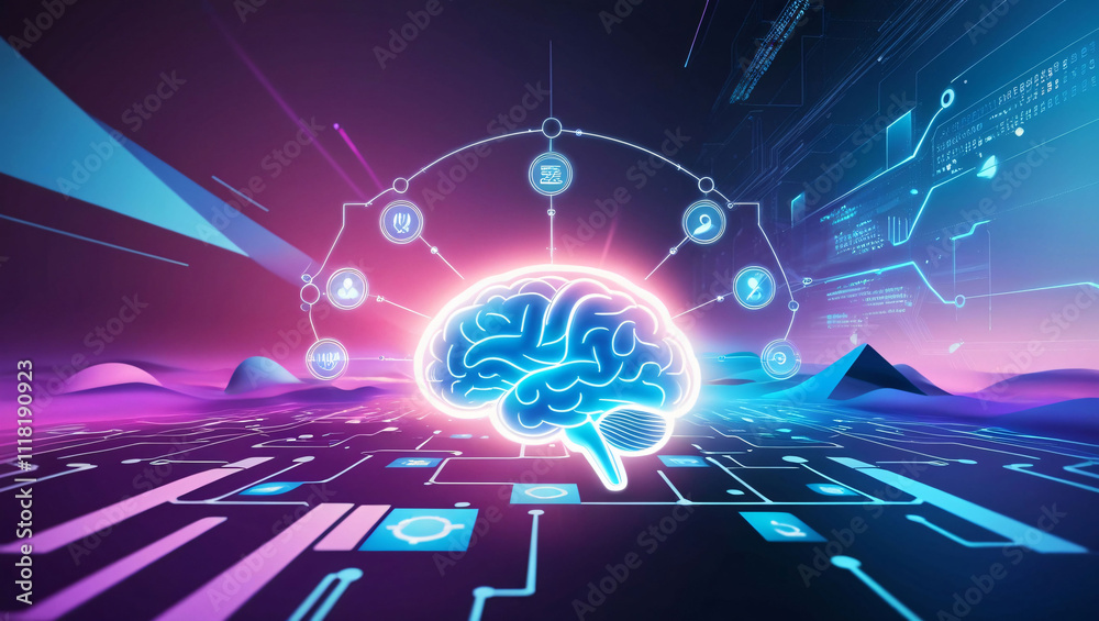 Poster illuminated brain with digital circuit elements representing technology and innovation concepts