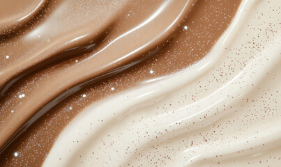 Stylized slime spread in a blend of mocha mousse colour, glossy and reflective, with embedded fine glitter for a sparkling effect, Demonstrating color of 2025