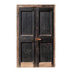 Old rustic double door with peeling paint isolated on white background.