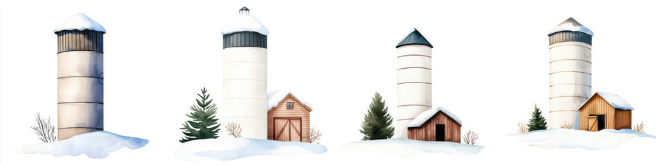Obraz premium Four snowy silos stand in a winter landscape, accompanied by small wooden structures, creating a serene rural scene.