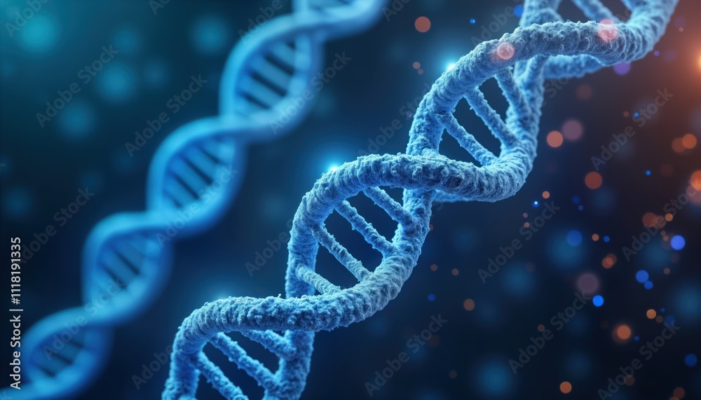 Poster Futuristic dna double helix model. Modern graphic design. Glowing particles surround. Dynamic image. Bio tech innovation. Medical research concept. Microscopic genetic structure. Digital