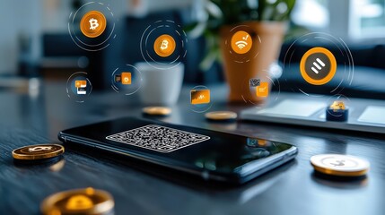 Modern Cryptocurrency Concept with Smartphone and Financial Icons Floating