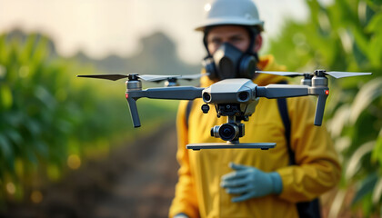Farmer prepares drone for precision spraying in field. Protective gear, tech showcase modern ag automation. Drone hovers ready to apply precise pesticide fertilizer. Safety, efficiency key in