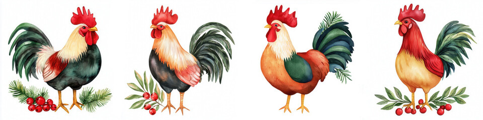 Fototapeta premium A vibrant illustration featuring four colorful roosters, each adorned with rich feathers and surrounded by greenery, showcasing their unique poses and characteristics.