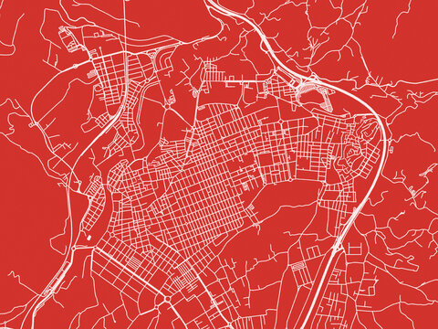 Christmas Map of Elda, Spain in Snowy White on Festive Red Background.