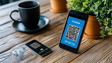 Mobile Device and Business Cards with QR Codes on Wooden Table Surface