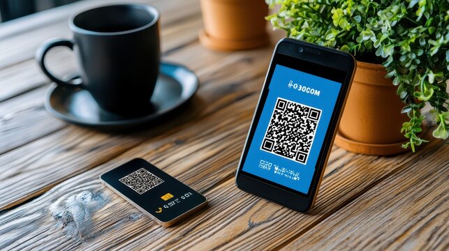 Mobile Device and Business Cards with QR Codes on Wooden Table Surface