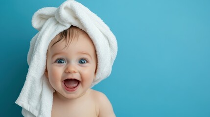 A smiling baby wrapped in a white towel, with the towel creatively draped over the head, set against a calming blue background. The baby's expression is joyful and innocent.