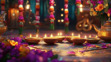 A colorful celebration scene with diyas, flower garlands, and shimmering gold accents, perfect for a joyful Diwali setting
