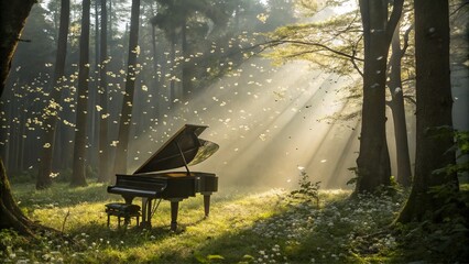 A majestic grand piano standing in the middle of a vast, serene forest clearing, with sunlight streaming through the trees, casting golden hues on the piano