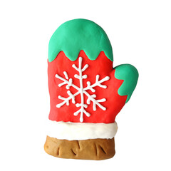 Mitten with snowflake - Christmas clay element in naive childish style. Isolated raster plasticine toy.