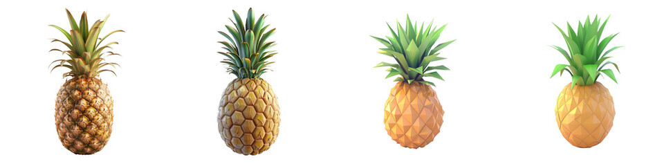 Four fresh pineapples arranged in a perfect line, showcasing their vibrant colors and texture, ideal for tropical-themed designs.