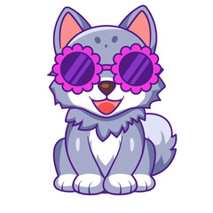 Cute Wolf Cartoon Kawaii Sticker. Character Vector Illustration