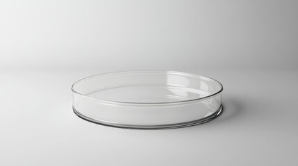A detailed side view of an empty sterile petri dish, centered on a smooth white backdrop