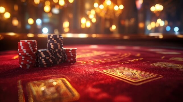 Casino poker chips stacked on a red felt table. Blurred background of casino interior. - Powered by Adobe