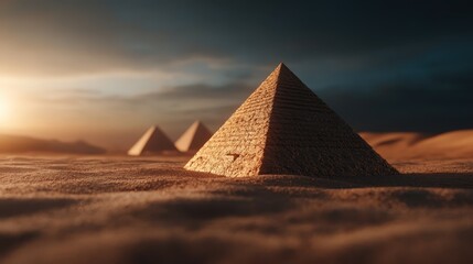 A mesmerizing sight of three pyramids captured in the warm glow of twilight, evoking a sense of historical grandeur and eternal mystery in the quiet desert dusk.