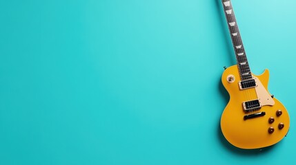 A striking electric guitar with a vibrant yellow body stands out against a bright blue background, symbolizing musical creativity and the energy of modern art.