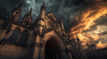 Obraz premium A dramatic view of a grand cathedral under a stormy sky, showcasing intricate architecture.
