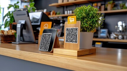 Modern Cafe Counter with QR Codes, Plant, and Coffee Equipment Display