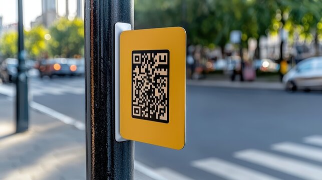 Bright Yellow QR Code Sign on Street Pole in Urban Cityscape - Powered by Adobe