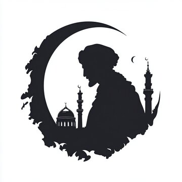 recommend clip art: Final prophet Muhammad, crescent and mosque silhouette, flat design illustration