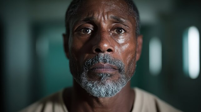 This close-up captures a man's serious and thoughtful expression, highlighting his introspective mood and depth of emotion. The intimate setting adds to the intensity.