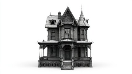 A gothic-style haunted house with eerie overtones, positioned on a clean white background
