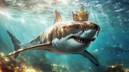 Obraz premium A great white shark adorned with an elegant golden crown, gliding through clear ocean waters in a regal pose