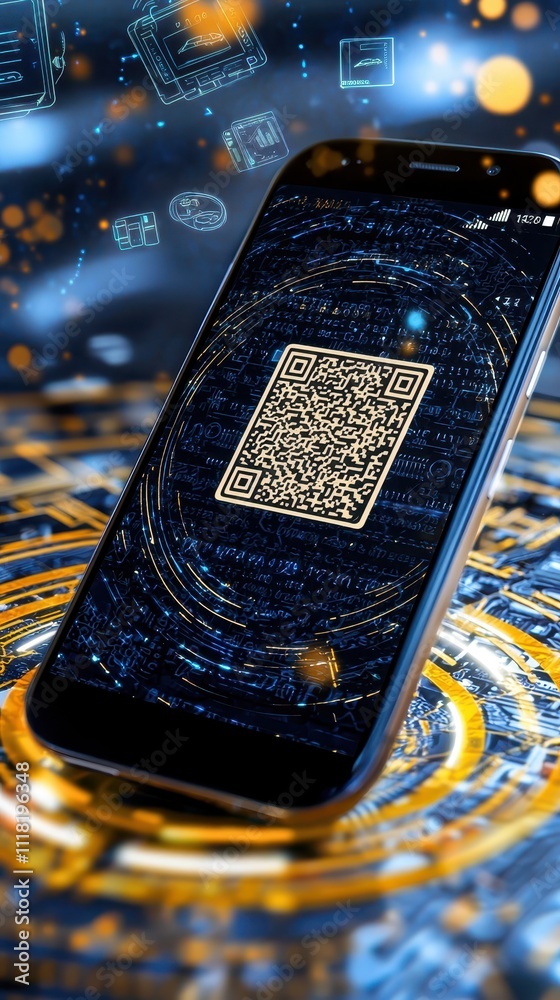 Wall mural modern smartphone displaying qr code on abstract digital background