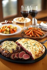  Plato de carne asada y puré, servido con zanahorias glaseadas y acompañado de copas de vino en una mesa con luz natural.
