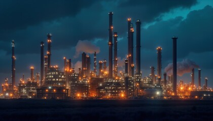 Huge industrial complex at night. Oil refinery with many tall smokestacks. Powerful lights illuminate structures. Smoke, steam rise from pipes. Refinery processes crude oil into fuel. Huge tech