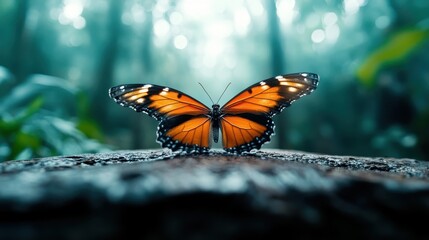 Obraz premium An exquisite butterfly with widespread wings poses on a rustic forest surface, surrounded by lush foliage and ambient light, symbolizing grace and transformation.