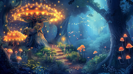A dense, mystical forest with glowing mushrooms, fairy lights, and ancient trees, creating a whimsical and otherworldly atmosphere.