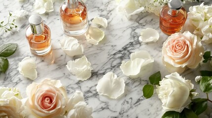 A luxurious collection of perfume bottles surrounded by fresh roses and delicate petals, arranged on a marble countertop
