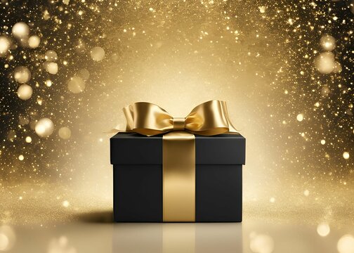 Black gift box on black shiny background. black gift box with gold ribbon and bow on a golden sparkling glitter background for product 
