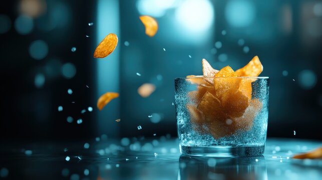 Potato chips enchantingly float within a glass cup, surrounded by a cool, misty aura that highlights the texture and chill ambiance of the crunchy snack.
