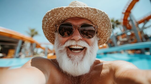 A cheerful elderly man with a white beard and sunglasses takes a joyful selfie at a water park, wearing a straw hat and capturing the vibrant atmosphere. - Powered by Adobe