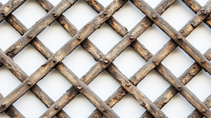 Naklejka premium Rustic wooden lattice pattern against a plain white background, showcasing the detailed texture and craftsmanship of the intersecting wooden strips.
