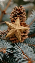Close-up of a golden star ornament atop a pinecone on a blue spruce Christmas tree.