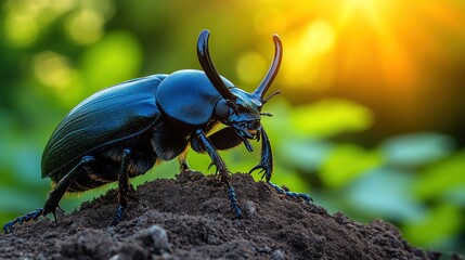 Close-up of a black beetle with horns on dark soil.