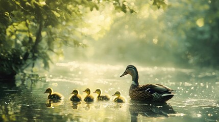 Mother duck leading ducklings on calm river at sunrise.