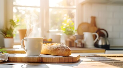 Morning coffee and fresh bread cozy kitchen food photography bright atmosphere serene view