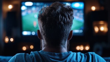 A man with short hair focuses intently on a game displayed on a television, with the blue glow of the screen and candlelight creating a tranquil, intimate setting.